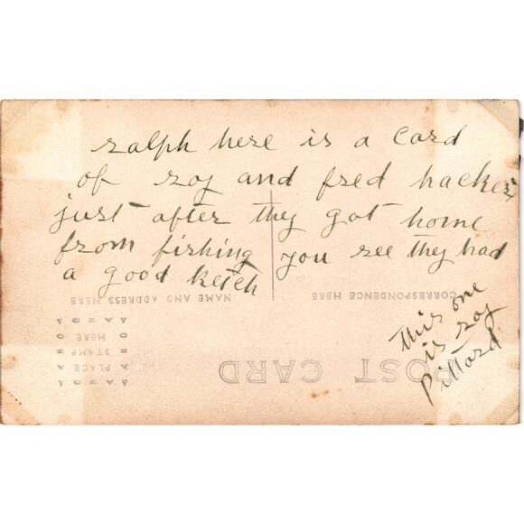 Vintage 1920s Fishing RPPC Postcard Roy Pillard Fred Hecker Large Fish Catch - Picture 2 of 2